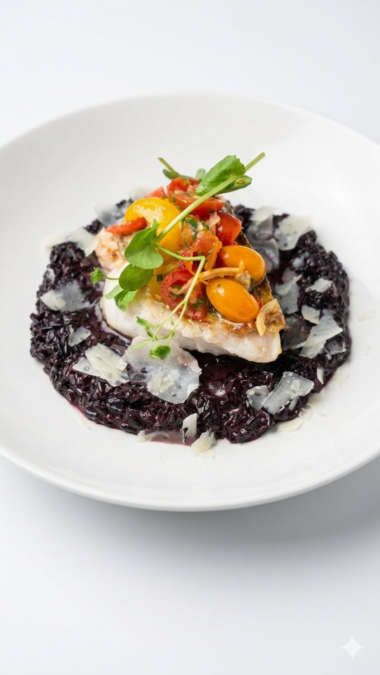 Dos de poisson nacré sur risotto de riz noir et tomates confites, un plat de LYS - Traiteur